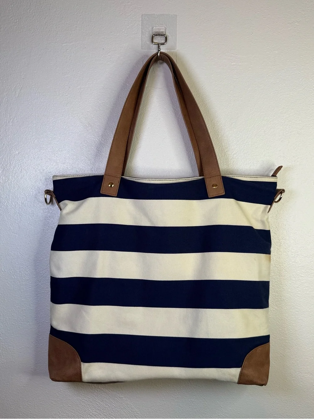 Merona Nautical Navy & Cream Striped Canvas Tote Beach Bag with Crossbody Strap